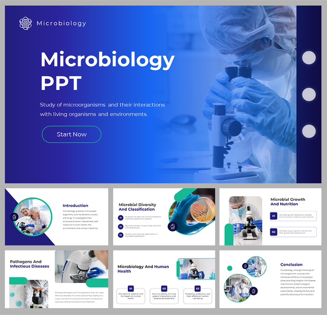 Microbiology PPT slides focus on the study of microorganisms and their interactions with living organisms.