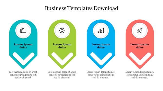 Modern layout with four business themed icons inside rounded markers, each containing title and body placeholder text.