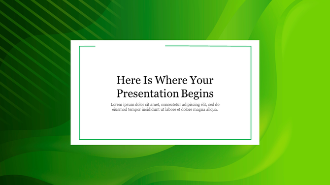 Modern template featuring layered green gradients and a white rectangular frame with centered placeholder title. 