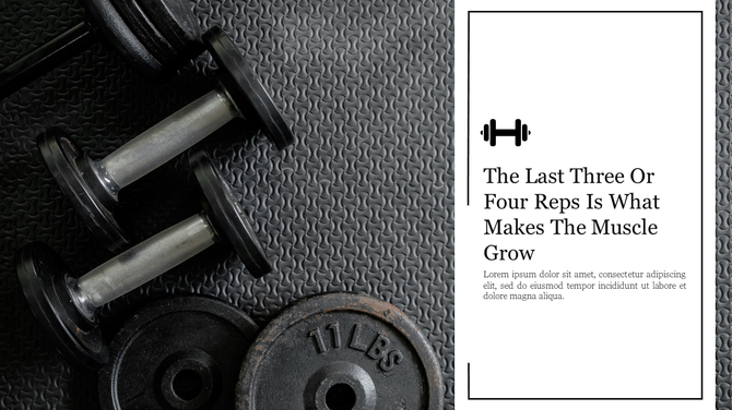 Fitness Presentation background slide dumbbell image with the quote and placeholder text.