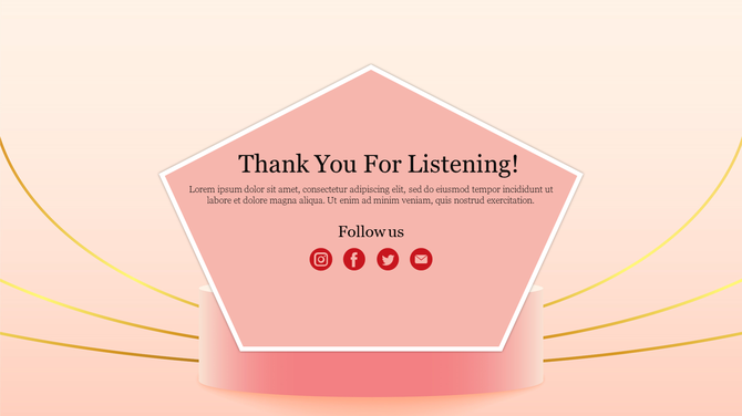 Thank you slide with a pink pentagon shape and social media icons, in a pastel background with a caption area.