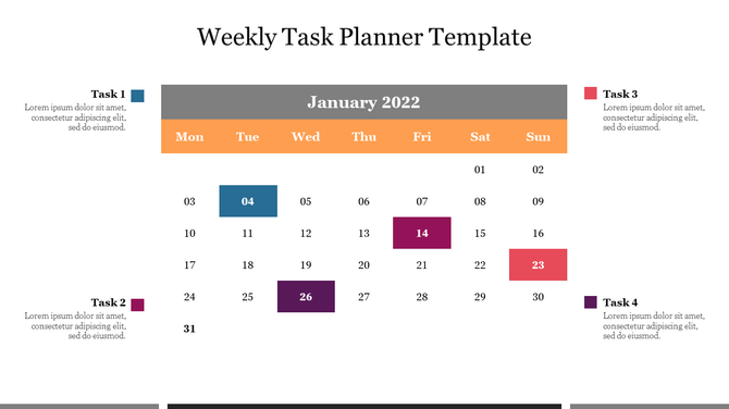 Weekly task planner PPT template with tasks highlighted on specific dates, showing a calendar for January 2022 with text.