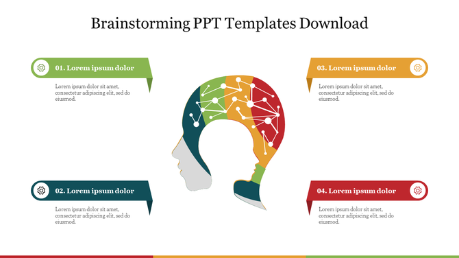 Brain-shaped silhouette with a multicolored design of connected nodes, surrounded by four caption boxes with icons.
