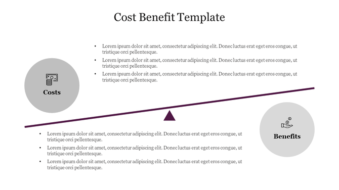 Slide displaying cost and benefit analysis with a tilted balance scale, with circular icons and bullet point lists.