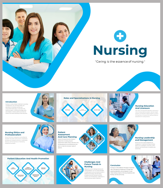 Alt: Nursing cover slide with group of nurses in teal scrubs, blue curved design shapes, medical cross icon, and title text.