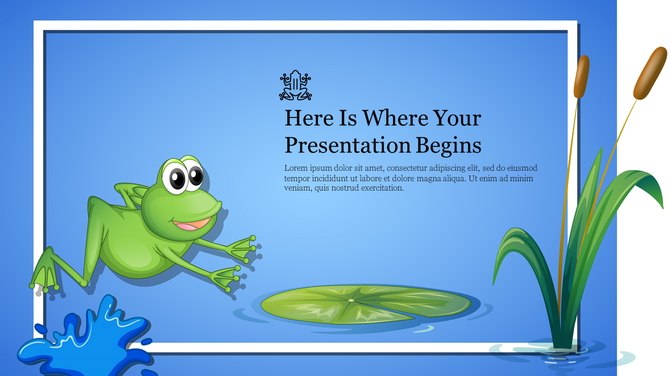 Illustration of a cheerful green frog jumping near a lily pad in a blue water scene with cattails on the right side.