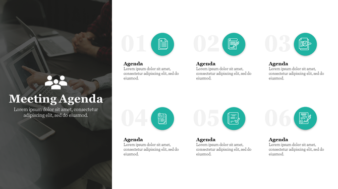 Corporate style agenda slide with six teal icons labeled Agenda and a sidebar image of colleagues in a discussion.