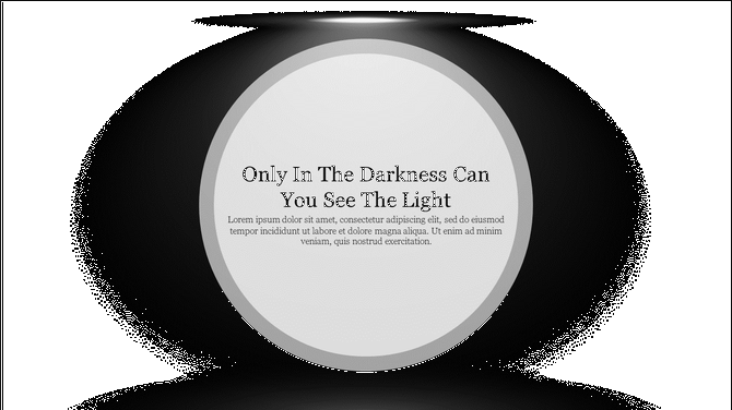 Dark PowerPoint background slide with a spotlight effect highlighting a central quote about light and darkness.