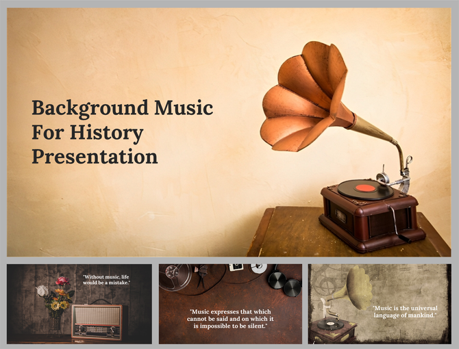 A pack of music PPT slides with a retro style template featuring a gramophone on a textured beige background.