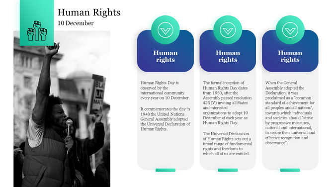 Human Rights Day slide featuring a black and white image of a protester holding a microphone, with informational boxes.