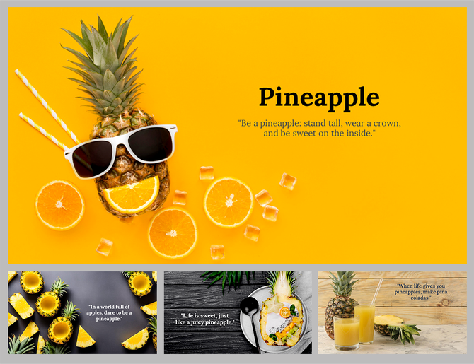 A pack of pineapple slides featuring sunglasses, oranges, and ice, set against various backgrounds with a quote.