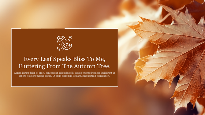 Autumn themed background with a large leaf on the right, a brown rectangular box on the left with a decorative icon.