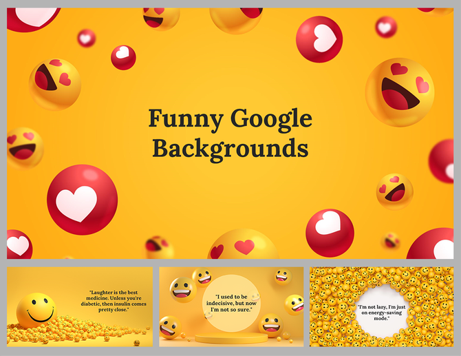 A pack of colorful background slides with laughing and heart eyed emojis, showcasing funny designs on a yellow backdrop.