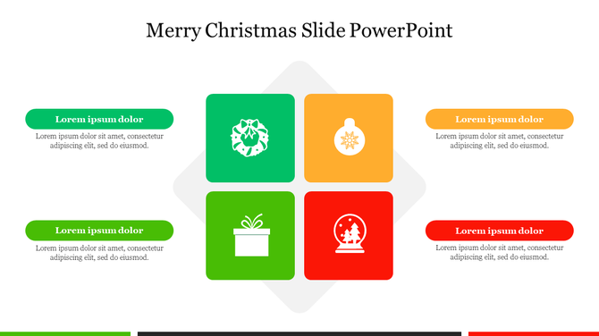 Festive slide layout with a holiday icons surrounded by text boxes, including green, orange, and red with placeholder text.