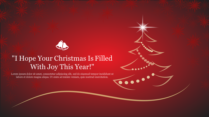 Christmas slide with a red background featuring snowflakes, a golden outlined tree design, and a festive message.