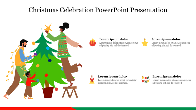 Christmas tree is decorated by a family in a PowerPoint presentation template with festive icons.