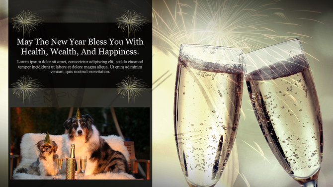 Festive New Year layout featuring champagne flutes, and two dogs seated on a sofa with hats, under a holiday message.