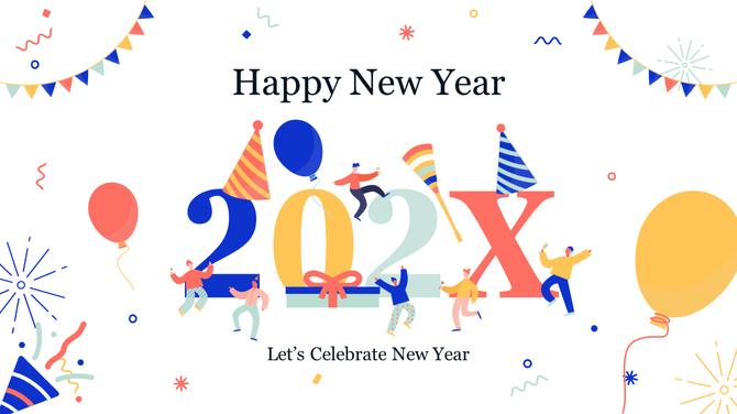 New Year celebration graphic with large 202X text, party hats, balloons, and festive confetti, surrounded by cartoon people.