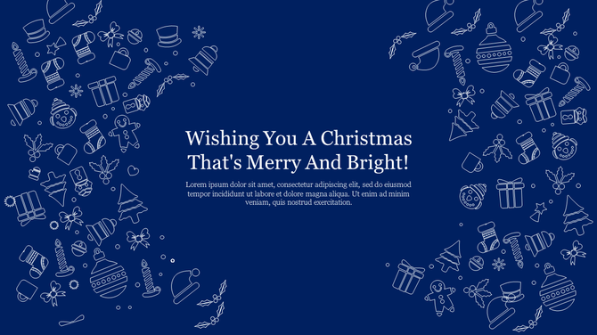 Navy blue Christmas slide with white festive icons like gifts, trees, and ornaments framing a central holiday greeting.