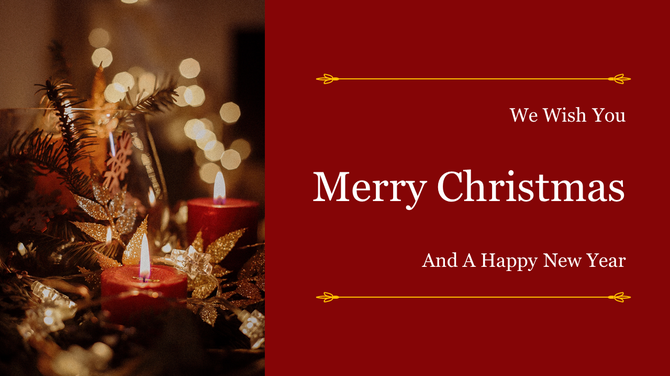Christmas slide with red candles, gold decorations, and a glowing bokeh background, with text on a deep red background.