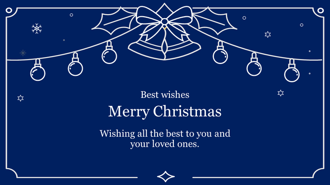 Christmas greeting slide with holly and ornament illustrations on a navy background, featuring centered white festive text.