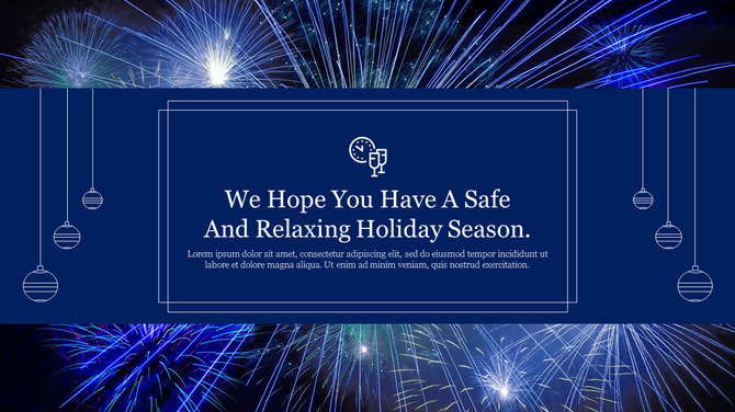 Festive slide with blue background, hanging ornaments, white outlined frame, and fireworks bursting in top and bottom.