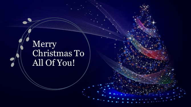 Sparkling Christmas tree with glowing lights and decorative ribbons on a dark blue background.