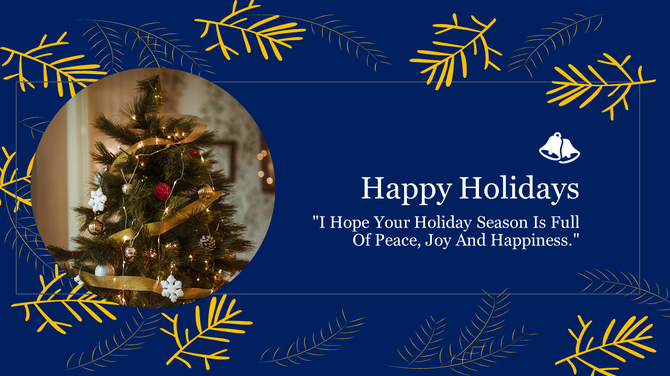 Christmas slide with a blue background, featuring a decorated tree surrounded by golden foliage, and a holiday greeting.