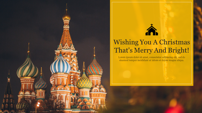 A Christmas PowerPoint slide featuring St. Basil's Cathedral in Moscow with a festive holiday greeting with placeholder text.