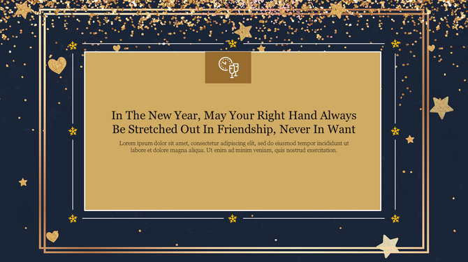 New Year slide with golden star and heart confetti, framed with elegant borders and featuring a message, on a blue backdrop.
