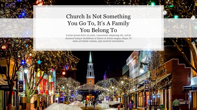 Festive church themed slide with holiday lights illuminating a snowy street, promoting community and family.
