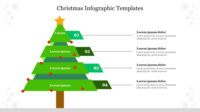 Christmas tree infographic with four layers, red dots, a star on top, and connected text boxes on a white snowy background.