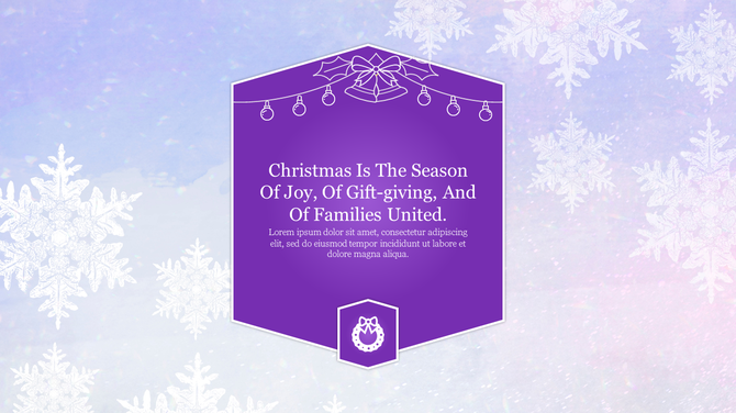 Christmas slide with snowflakes, and a greeting inside a purple hexagonal shaped frame, with decorative lights on top.
