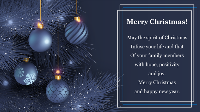 Christmas background with blue ornaments on a tree, and a heartfelt holiday message, set against a snowy backdrop.