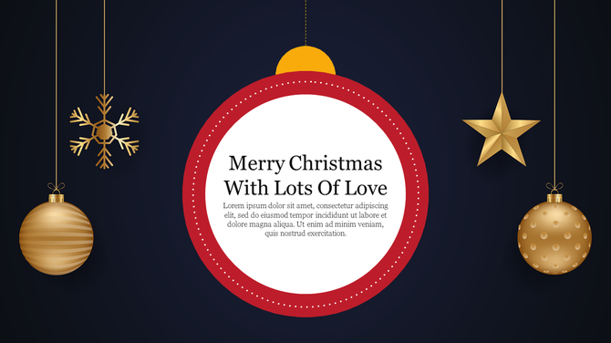 Christmas design featuring gold ornaments, a star, and a snowflake, with a red bordered circle containing a holiday message.