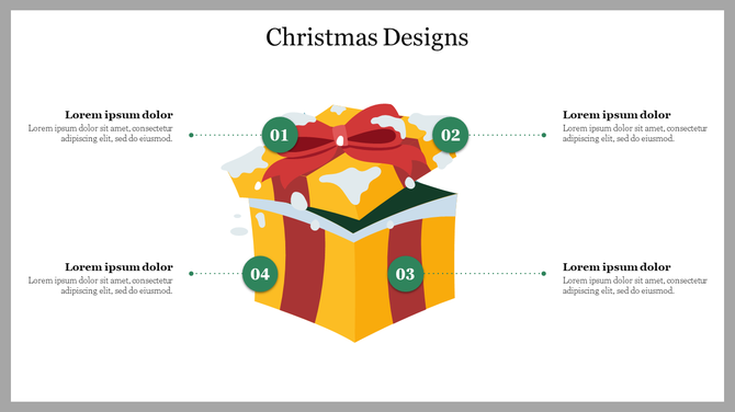 Christmas design concept slide with a decorated yellow present and four labeled sections connected by dotted lines.