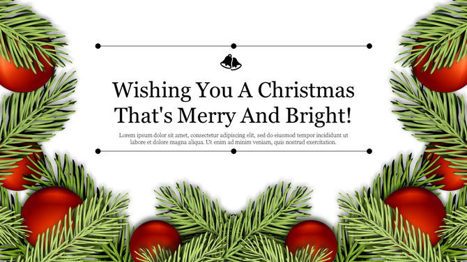 A Merry Christmas card template featuring red ornaments and green pine branches with a cheerful holiday message.