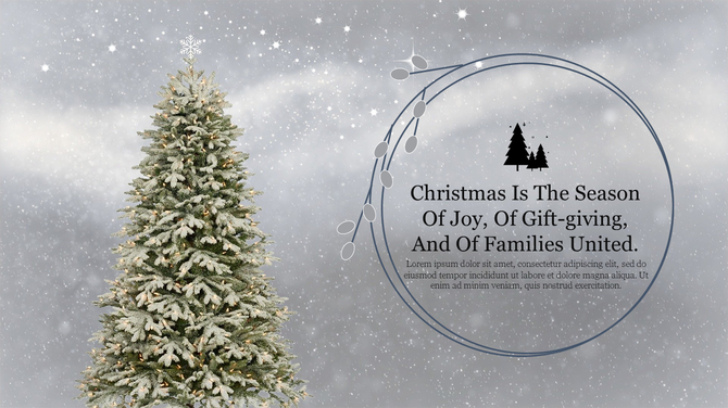 Christmas themed background featuring a lit tree in snow and a round design element with space for caption on the right.