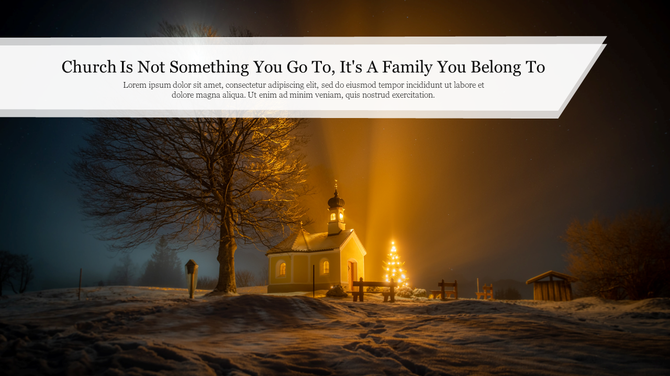 Serene winter landscape featuring a church with a glowing Christmas tree and an inspirational white quote overlay.