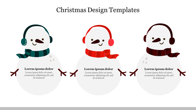 Christmas themed layout with three snowmen in different colored scarves and earmuffs, each with space for a short caption.