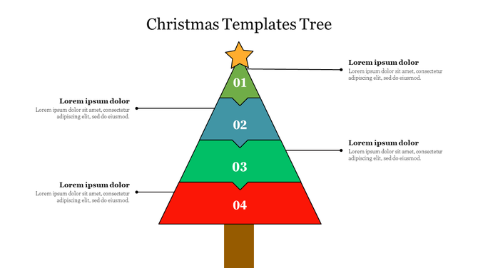 Christmas tree infographic with four horizontal colored layers numbered 01 to 04 and caption areas.