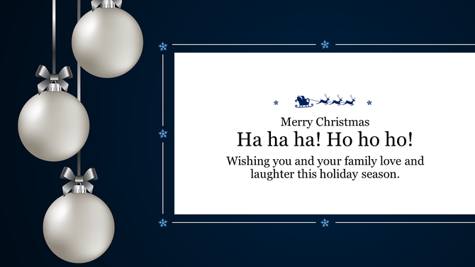 Christmas design with silver ornaments hanging on ribbons and a cheerful message with a sleigh, on the right white box.