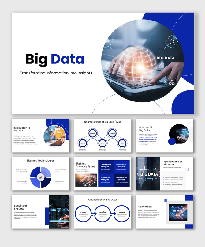 Big data PowerPoint template with a graphic explaining the four key characteristics of big data with placeholder text.