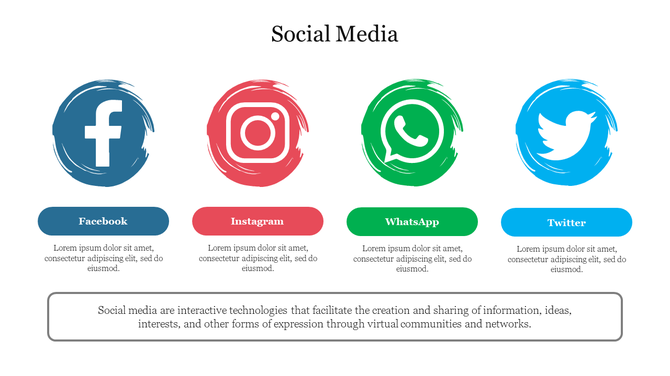 Slide featuring circular brush stroke icons of popular social media platforms with labeled text boxes underneath.