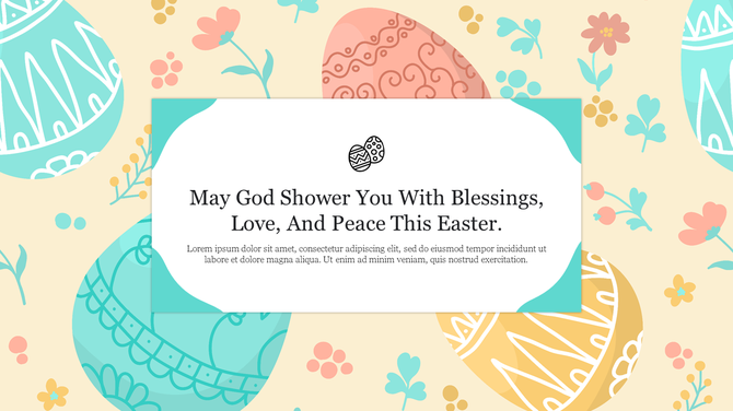 Slide with a cheerful Easter message, surrounded by patterned eggs, and floral accents on a soft beige background.