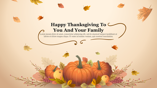 Thanksgiving design featuring a central message surrounded by pumpkins, berries, and falling autumn leaves.