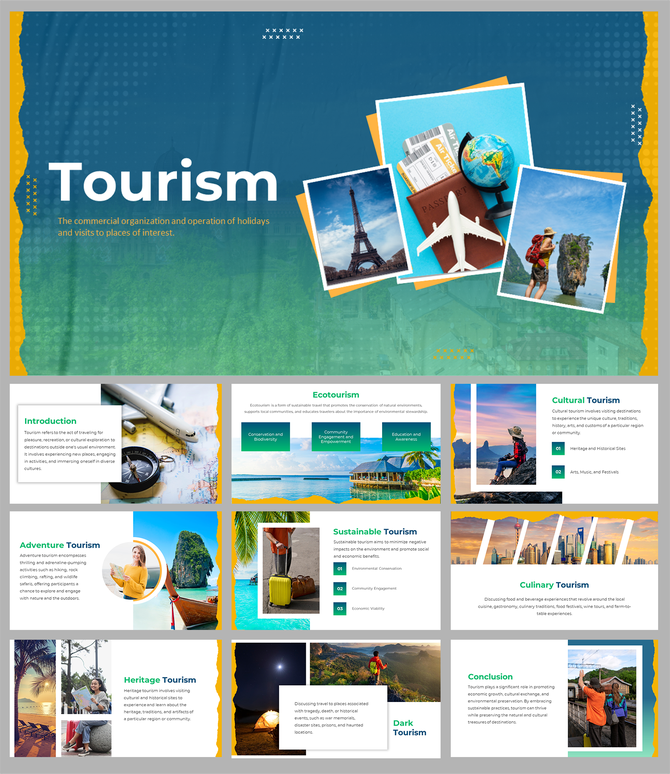 Tourism slide deck with images of famous landmarks and travel items, featuring sections on different types.