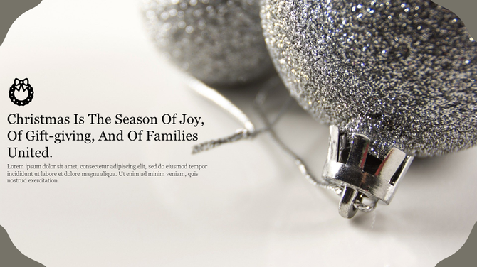 Holiday greeting layout featuring metallic baubles on a light background and a left-aligned Christmas message with icon.