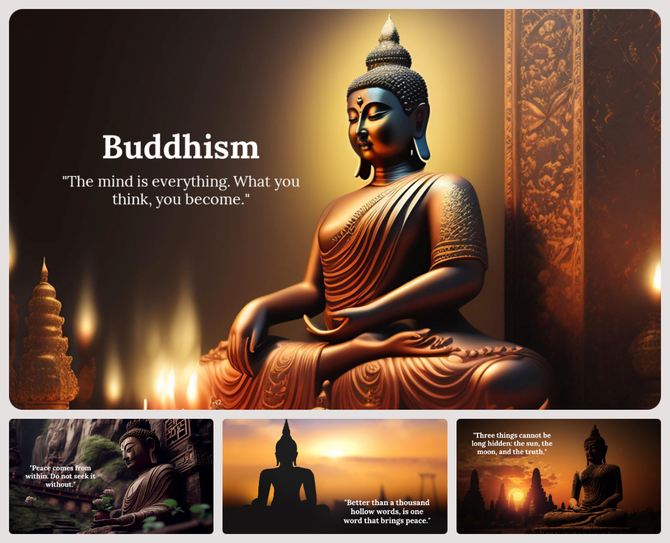 Slide deck featuring Buddha statue illuminated in gold, in serene backgrounds depicting nature and temples.