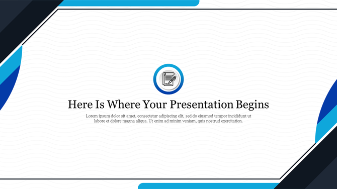Presentation cover slide with a central icon of a paper and pen inside a blue circular border, dark and blue angled corners.